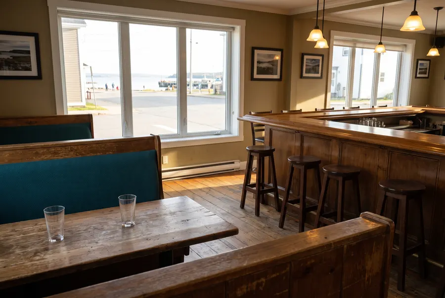 Scène générée : un bar-grill tranquille avec des banquettes sarcelle et un bar en bois dans la lumière de l'après-midi; pas une photographie du restaurant.