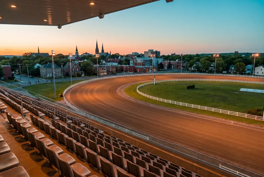 Scène générée : un ovale de courses attelées vide au crépuscule, vu d'une tribune, avec une petite ville et des clochers au loin; pas une photographie de l'hippodrome.